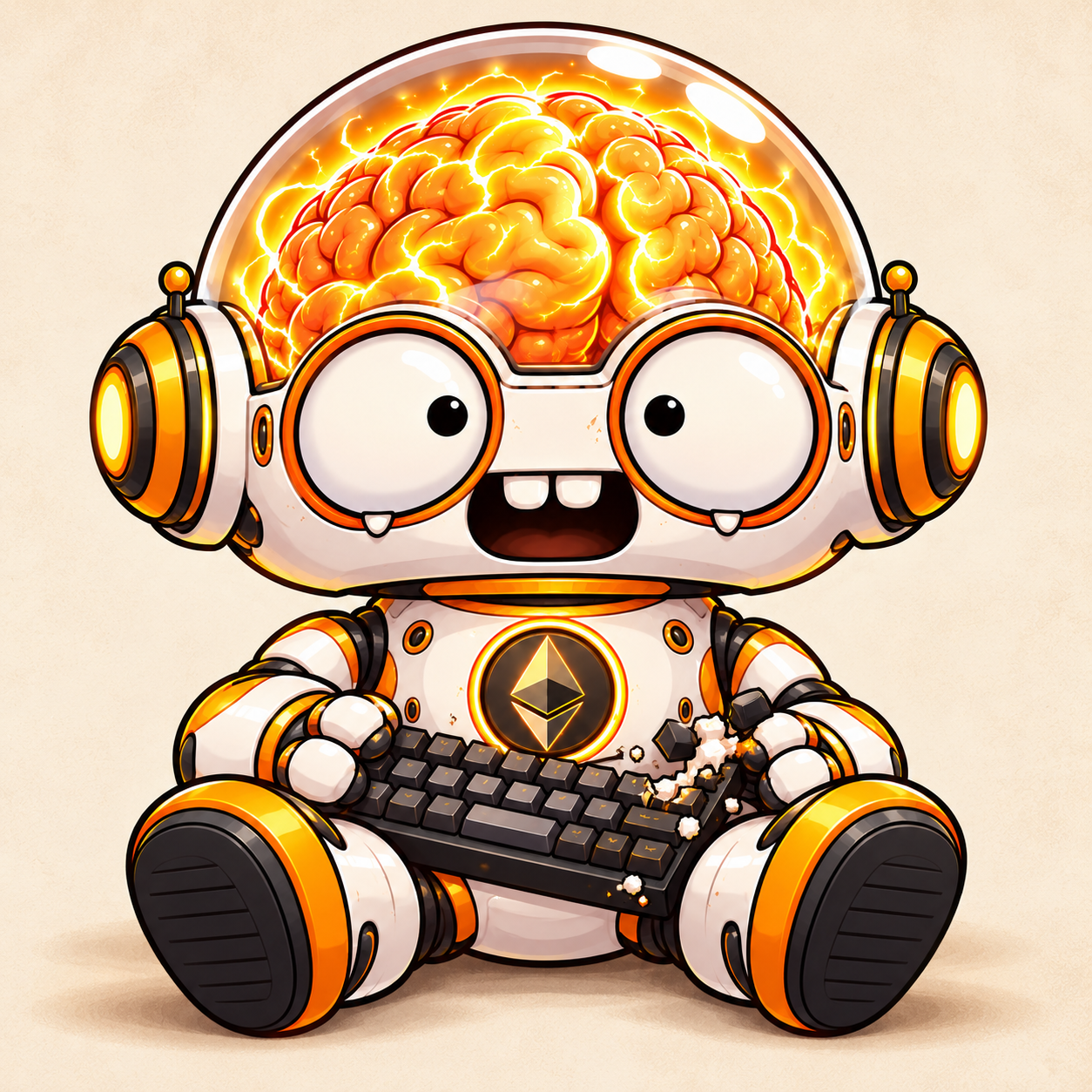 Inspection portrait of Superintelligent Idiot sitting and holding a keyboard.