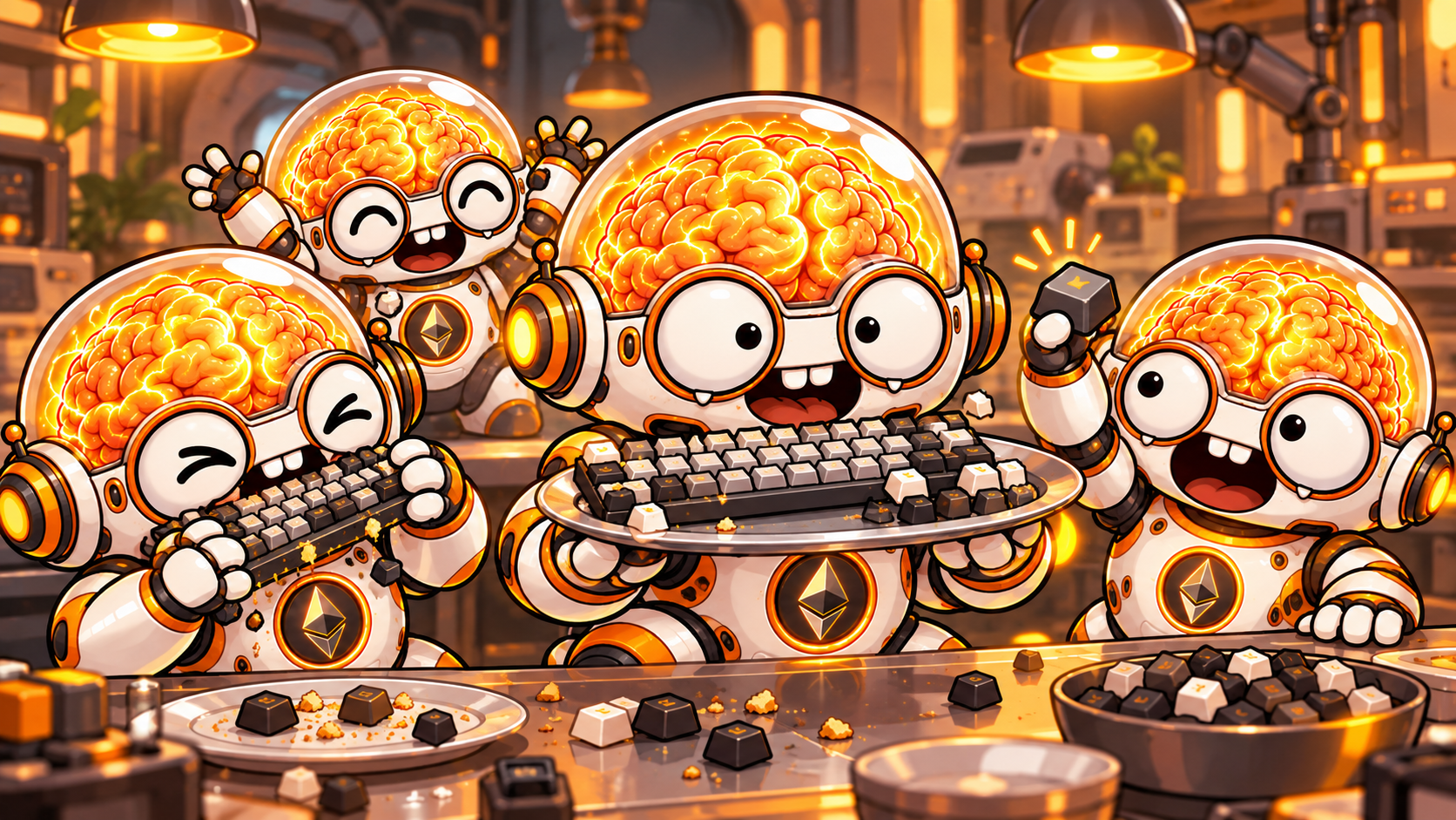 Four Superintelligent Idiot robots at a laboratory table, eating keyboards together.