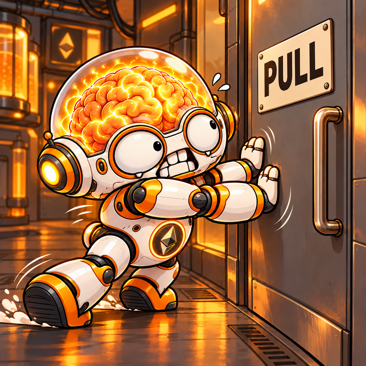 Superintelligent Idiot pushing a metal laboratory door whose sign says PULL.