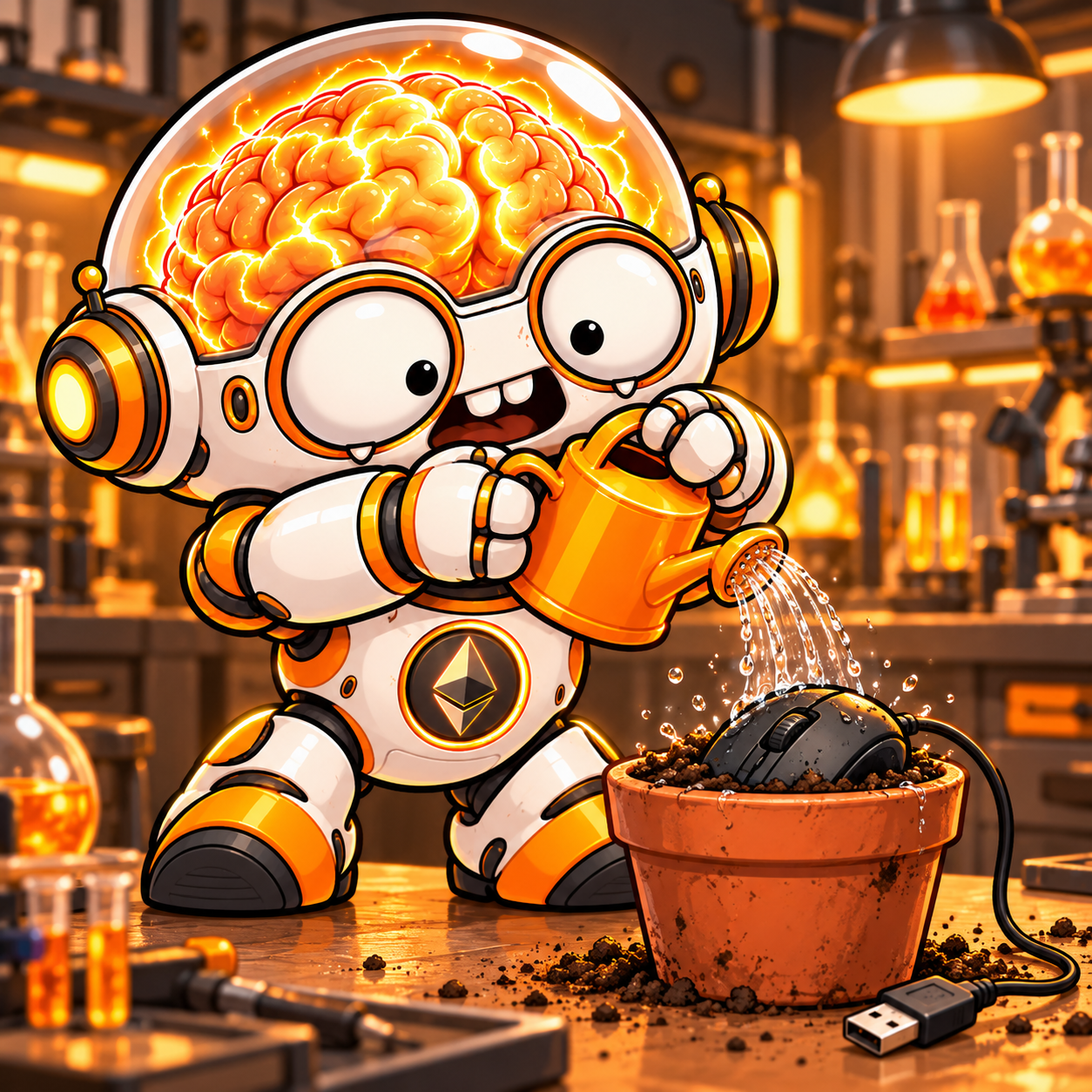 Superintelligent Idiot watering a computer mouse planted in a terracotta flowerpot.