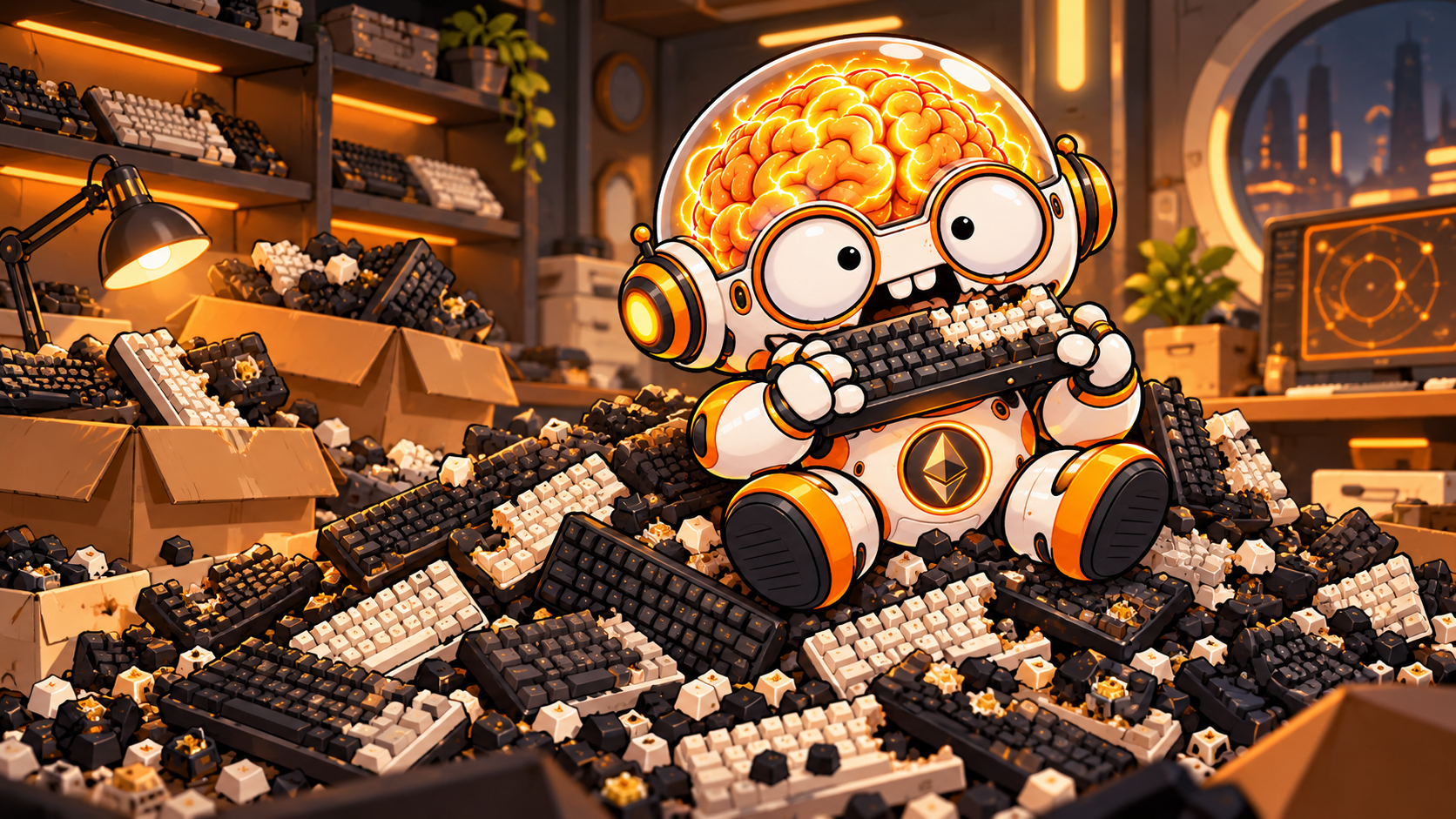 Superintelligent Idiot sitting in a laboratory room buried in piles of keyboards.