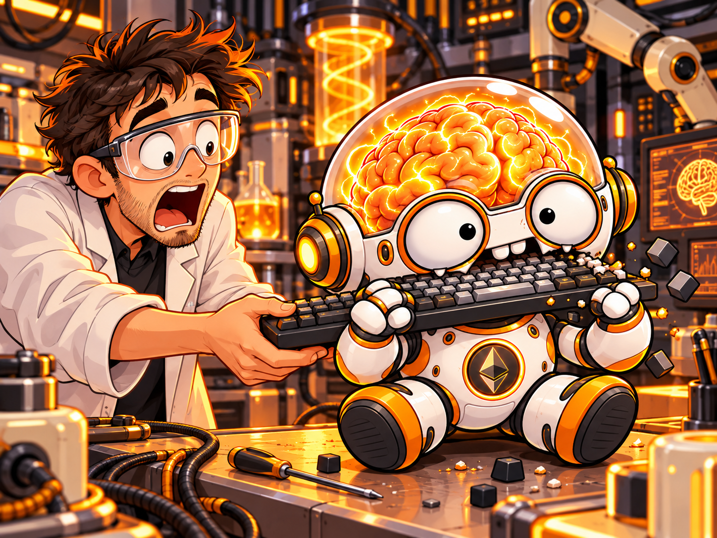 A startled engineer in a lab coat reaches for the keyboard while Superintelligent Idiot bites it.