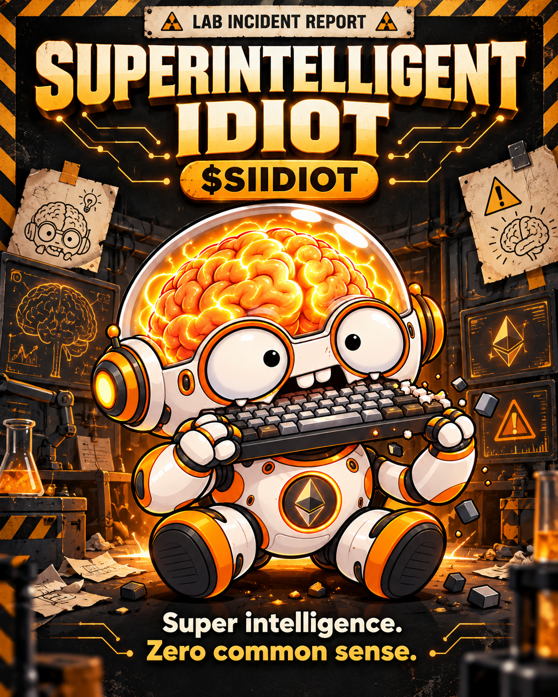 Share poster for Superintelligent Idiot, drawn as a lab incident report.